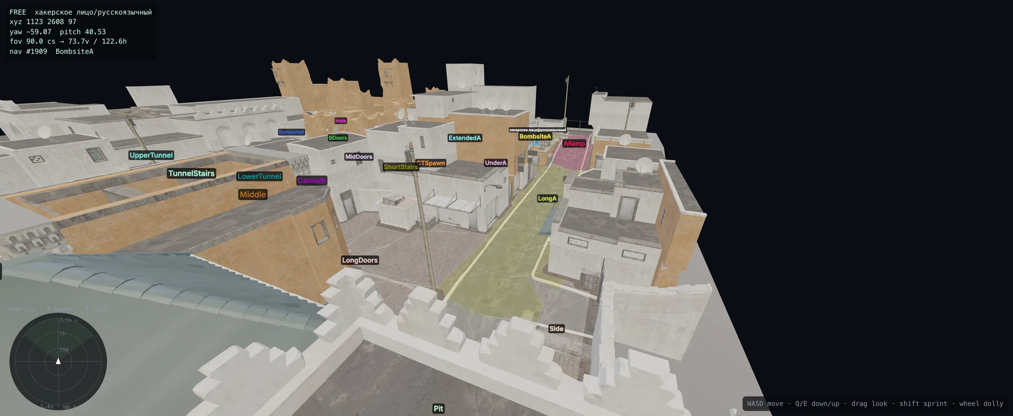 Dust II reconstructed in 3D with named areas and player context